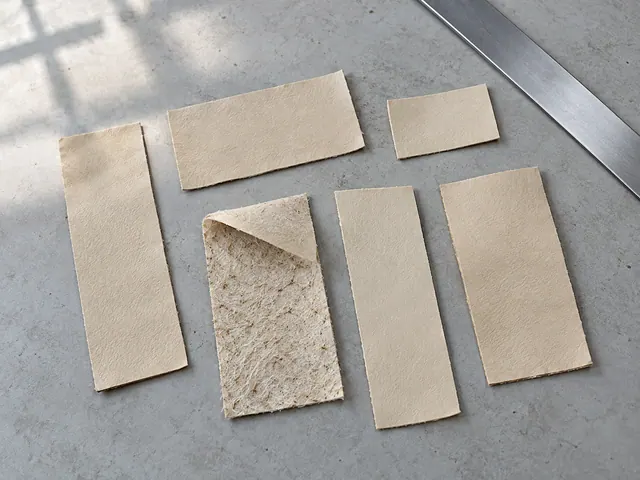 Separated beige material strips show front and backing surfaces on a grey bench